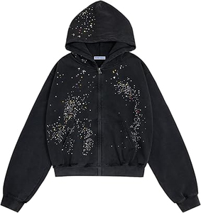 Ventes en gros de sweats à capuche avec fermeture éclair en strass pour femmes et hommes, vestes à capuche décontractées unisexes, sweats à capuche amples en cristal Y2K avec poche en strass - Product Image 1