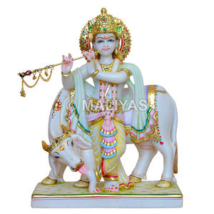 Estatua de Mármol del Señor Krishna con Vaca, Ídolo de Mármol Blanco Hecho a Mano - Product Image 1
