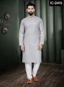 Traditional Indian and Pakistani Men's Cotton Kurta Long Festival Wear with Mirror Embroidery Work Festival Wear - Product Image 5