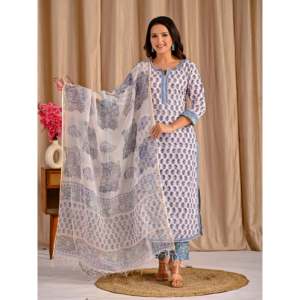 White Grey Butta <b>Block</b> <b>Printed</b> Cotton Kurta Pant Set Long Ethnic Traditional for Ladies Girls for Parties Special Occasions Net - Product Image 4
