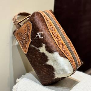 New Arrival Luxury Tooled Cowhide Leather Stylish <b>Makeup</b> Cosmetic <b>Storage</b> Box Hot Selling Jewelry Pouch, Bathroom Organizer Box - Product Image 1