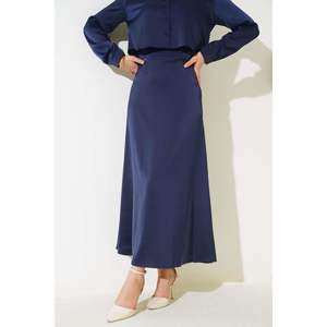Waist Zippered <b>Satin</b> <b>Skirt</b> <b>Navy</b> Blue - Product Image 2