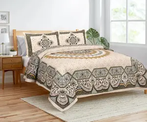 Rajasthani Baumwolle bedruckt Bettlaken Schlafzimmer-Bettwäsche-Set mit 2 Kissen passendes Laken