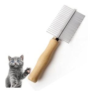 Peigne pour animaux de compagnie en métal double face au design simple avec manche en bois, efficace pour détacher et enlever les nœuds pour le toilettage des chats et des chiens - Product Image 1