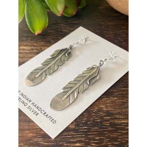 Sterling Silver Navajo Feather Dangle Earrings with Freshwater Pearl and <b>Shell</b> Butterfly Accents - Product Image 4