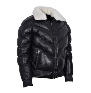 Doudoune en cuir style blouson aviateur en cuir vintage-Veste en cuir matelassé en peau de mouton noir véritable - Product Image 2