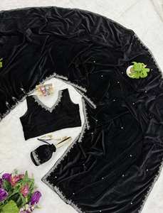 Sari de terciopelo elegante de buena calidad D FASHION GURU, largo hasta el suelo, con bordado elaborado, borde de encaje de lujo, de secado rápido, estilo Bollywood para fiestas - Product Image 6