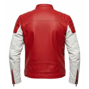 Chaqueta de motorista de cuero auténtico rojo y blanco para hombre, estilo Retro de carreras, ropa de calle ajustada, chaqueta de moto Cafe Racer - Product Image 4
