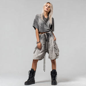 Ensemble deux pièces pour femmes, short de survêtement ample à taille haute respirant, délavé à l'acide, avec t-shirt à épaules tombantes - Product Image 1