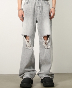 กางเกงยีนส์ขาตรงสำหรับผู้ชายกางเกงยีนส์ขาตรงมีรูของผู้ชายกางเกงยีนส์แฟชั่นแบบสั่งทำ100% - Product Image 4