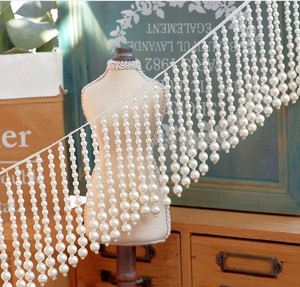 Cream White Pearls <b>Beaded</b> <b>Trim</b>, Tassel Lace <b>Trim</b>, Champagne Pearls Fringe Lace <b>Trim</b> for Home Decor - Product Image 1