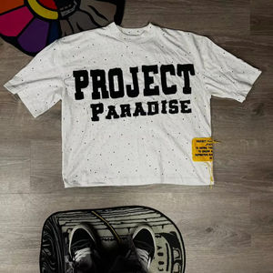 Camiseta cuadrada de algodón de manga corta con bordado de retazos desgastado lavado de peso pesado personalizado para hombre con diamantes de imitación antiarrugas - Product Image 1