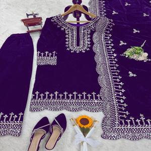 Conjunto de traje de terciopelo de viscosa rica con hilo y secuencia Diseñador DE TRABAJO Plazo y Dupatta de encaje para ocasiones especiales - Product Image 3