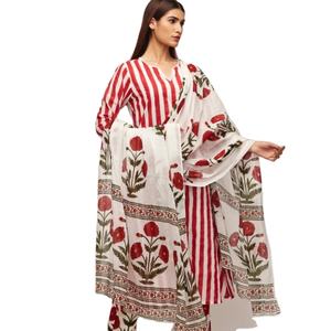 Red Stripe Suit Set Indian Fashion Styling High End Quality <b>Kurti</b> and Pants From Indian Manufacturer - Product Image 1