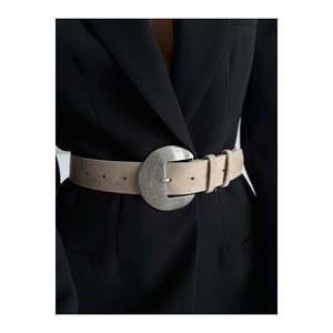 Suede Oval <b>Buckle</b> Women's Trouser <b>Belt</b>, Jacket <b>Belt</b>, Dress <b>Belt</b>, Shirt <b>Belt</b> - Beige-Blackout - Product Image 1
