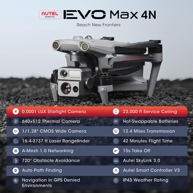 Autel Robotics Evo Max 4N Thermal Camera Drone GPS Navigation 40 Minute Max. Flight Time 27 MPH Max. Wind Resistance App Control