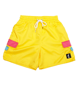 Bright Yellow Embroidered Woven Polyester/Cotton Sports Swim Shorts Men Elastic Waist <b>Drawstring</b> Quick Dry OEM Custom - Product Image 1
