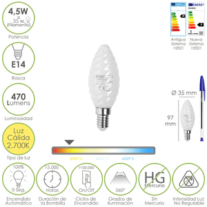 Lampadina LED a Filamento Effetto Candela Smerigliata E14 4,5 Watt. Corrisponde a 35 Watt. 470 Lumen. Luce Calda 2700o. K. - Product Image 1