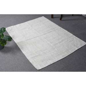 พรมตุรกีสไตล์วินเทจสมัยใหม่ ขนาด 3.5 x 4.8 ฟุต สีขาว ทำจากขนสัตว์และหญ้าทะเล ด้านหลังทำจากยางพารา ตกแต่งแบบ Patchwork เป็นมิตรกับสิ่งแวดล้อม ลายแบบดั้งเดิม ขนาดใหญ่สำหรับวัยรุ่น - Product Image 1