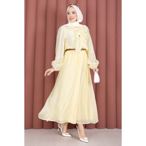 Ensemble hijab modeste jaune respirant à manches longues avec jupe à volants, style Prairie Chic, en tissu modal - Product Image 4