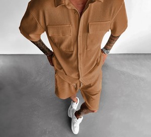 ชุดเสื้อกางเกงขาสั้นผ้าฝ้าย100% คุณภาพพรีเมี่ยมชุดเสื้อยืดคอปกพับลงแบบกำหนดเองชุดกางเกงขาสั้นระบายอากาศมีสไตล์สำหรับผู้ชาย - Product Image 4