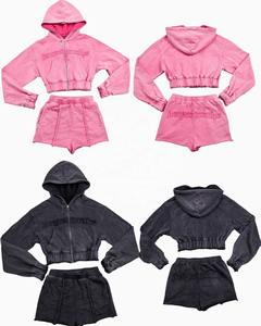 2025 Vintage Women Jacket Shorts <b>Sets</b> Acid Washed Full Zip up Hoodies Shorts Custom <b>Embroidery</b> Logo Women 2 Piece <b>Set</b> - Product Image 1