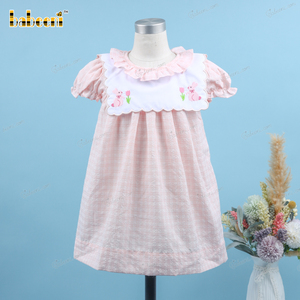Robe mi-longue rose personnalisable 100 % coton coupe trapèze avec broderie main 3D lapin et rose pour filles, été, OEM ODM, vente en gros BB3171 - Product Image 2
