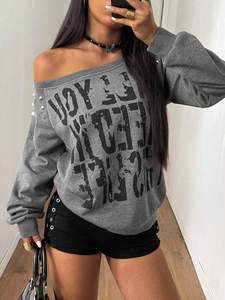 Sweat à capuche léger en molleton de coton à manches longues imprimé vintage respirant pour femme gris à épaules dénudées - Product Image 2