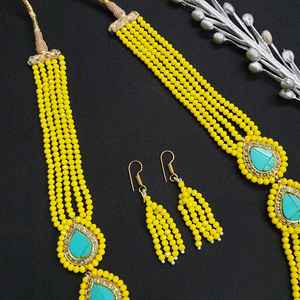 Conjunto de joyería fina vintage Bohemia chapada en oro de 18 quilates, collar de cuentas de turquesa amarillo único con pendientes - Product Image 6