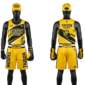 Premium Polyester Interlock 180 GSM Boxing Uniform Navy Gold Contrast <b>Panel</b> Custom Heat Transfer Logo Set - Product Image 2