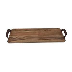 Bandeja de servicio larga de madera con asas de cuero perfecta para aperitivos, bebidas y decoración de diseño elegante para uso doméstico y de hostelería - Product Image 1