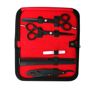 Étui en cuir noir ensemble enduit métal acier barbier rasoir amincissement coupe cisaillement avec étui en cuir cheveux outils et accessoires Kit - Product Image 3