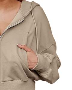 Sudadera con Capucha Corta para Mujer, Color Beige, Corte Holgado, Manga Larga, con Cordón, Estilo Casual, para Uso Diario - Product Image 2