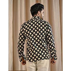 Chemise décontractée noire 100 % coton imprimée avec col mandarin, manches longues, tissu popeline, style smart décontracté, respirante et tendance - Product Image 6