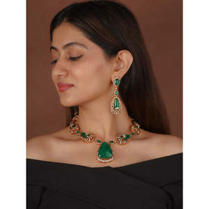 Green Color 18K Gold Plated AAA+ Korean CZ Faux Diamond Necklace Set for Bridal or Gift Occasions-CZSET396GR - Product Image 1