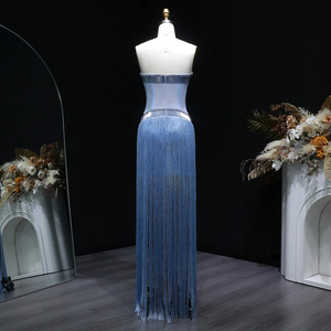 Vestido de Noche Moderno Jancember LSZ520 Azul Claro con Flecos y Borlas, Vestido de Fiesta Tipo Columna sin Tirantes con Efecto Ilusión - Product Image 2