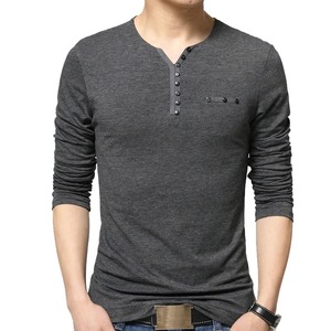 T-shirt décontracté à manches longues pour hommes, coupe ajustée, col Henry, haut en coton de couleur unie, grandes tailles, hauts et t-shirts de M-5XL - Product Image 1