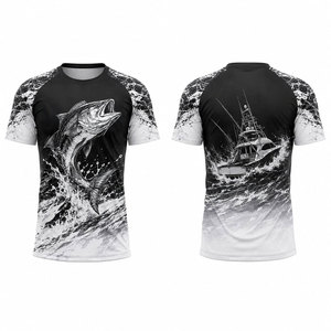 Chemise de pêche pour homme, impression par sublimation, séchage rapide, UPF 50, polyester, noir et blanc, motif bateau de pêche - Product Image 1