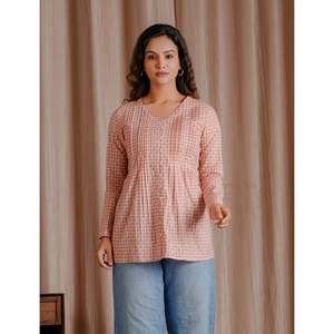<b>Peach</b> Green Butti Cotton Short <b>Top</b> with Ruched Decoration - Product Image 5