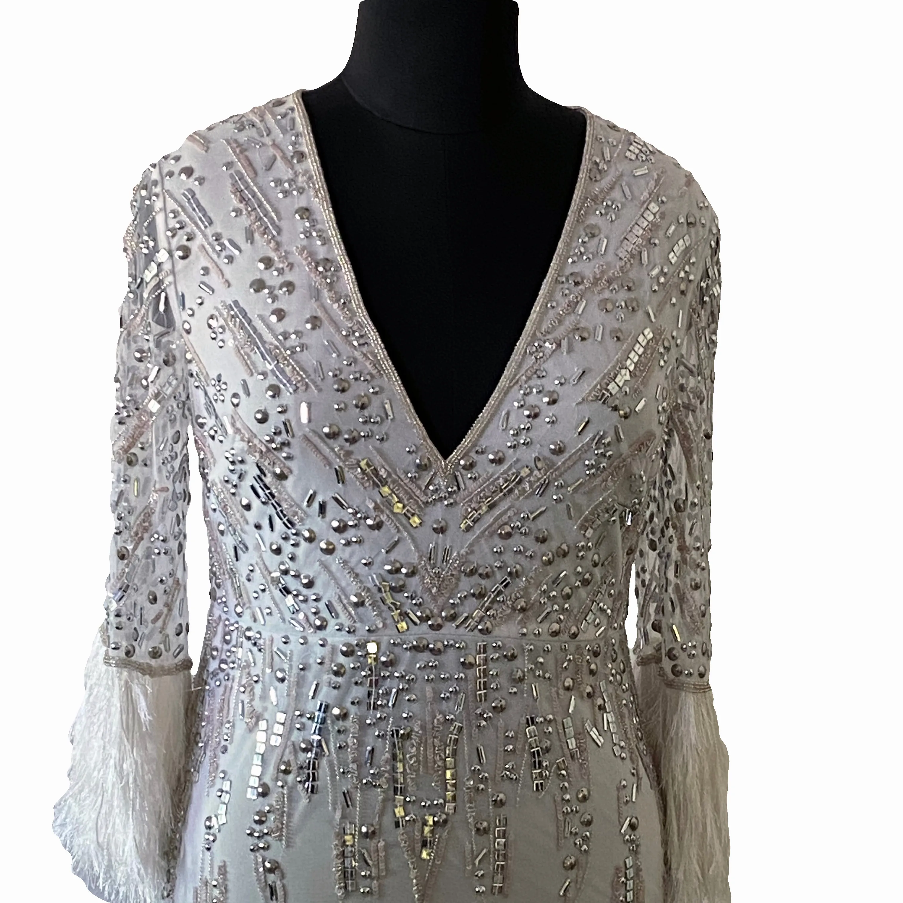 Elegant Sexy Sequins and Beads Deep V Neck Natural Waist Line Full Sleeves with Feather Hand Embroidery Short White Dress