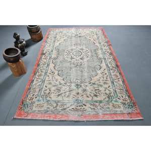 Tapis turc vintage Beige vert 5x9ft tissage plat en laine avec motif patchwork en latex pour décorations de couloir de salon - Product Image 1