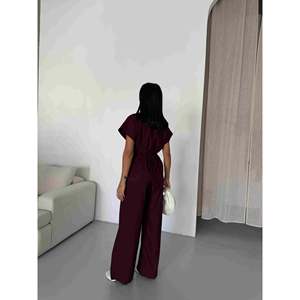 Conjunto de Chaleco de Algodón Mezclado Color Borgoña para Mujer de Mybeefashion, con Top sin Mangas y Pantalones a Juego, para Uso Casual y Diario - Product Image 3