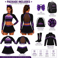 Set Seragam Cheerleading Kustom Hitam Ungu Berhias Rhinestone Kerah Mock Neck Lengan Panjang Rok Mini Belahan Tinggi Set Pakaian Tim Cheer