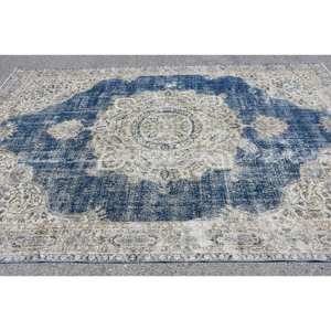 Alfombra de lana Vintage azul y Beige de 7,8x11,2 pies, Alfombra de habitación de látex con diseño de pasillo de retazos abstracto Rectangular de área grande turca clásica - Product Image 4