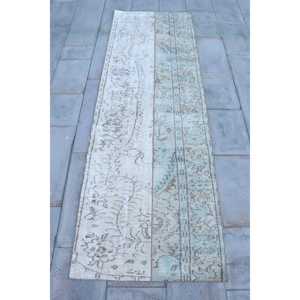 Turkish <b>Runner</b> <b>Rug</b> 2.7x8.2 ft (82x251 cm), Vintage White Bordered Wool <b>Rug</b> - Product Image 1