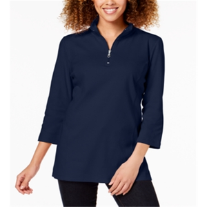 Karen Scott Top da donna in cotone con mezza zip e collo a lupetto, colore blu navy, taglia S, in tessuto lavorato a maglia semplice - Product Image 1