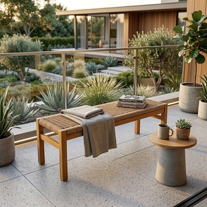 Natural Solid Teak Wood Paper Cord Woven <b>Bench</b> Long Outdoor Patio Garden Dining <b>Bench</b> Room Setup Decor Pure Art Room Design - Product Image 3