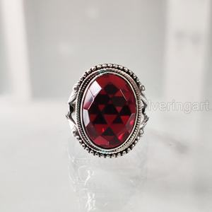 แหวนผู้หญิงลายตารางธรรมชาติโกเมนอัญมณี January birthary Stone Bohemian band แฮนด์เมดเครื่องประดับงานแต่งงานแหวนเงินสเตอร์ลิง925 - Product Image 2