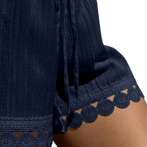 Shorts de Verano para Mujer, Cintura Alta, Algodón Texturizado, con Cordón Ajustable, Estilo Casual, para Playa, con Ribete de Encaje Festoneado, Corte Holgado, Ligeros - Product Image 5