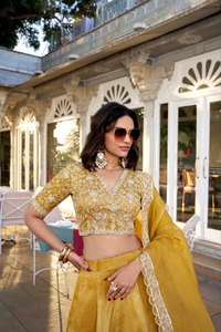 Belle tenue occasionnelle de qualité supérieure Goldie Lehenga Choli & Dupatta avec une broderie de fil uni et à paillettes à vendre - Product Image 4